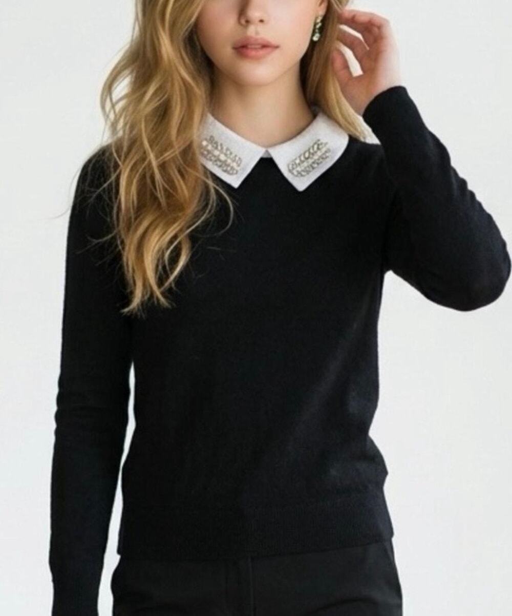 Sioni Milano Black Knit Sweater Embellished Peter Pan Collar Womens Medium